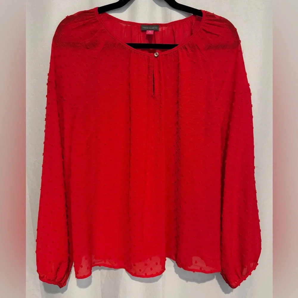 Lot 2 Vince Camuto Tops Red Dot Black Floral Sheer V-neck Blouse Dressy Career M - Picture 3 of 14